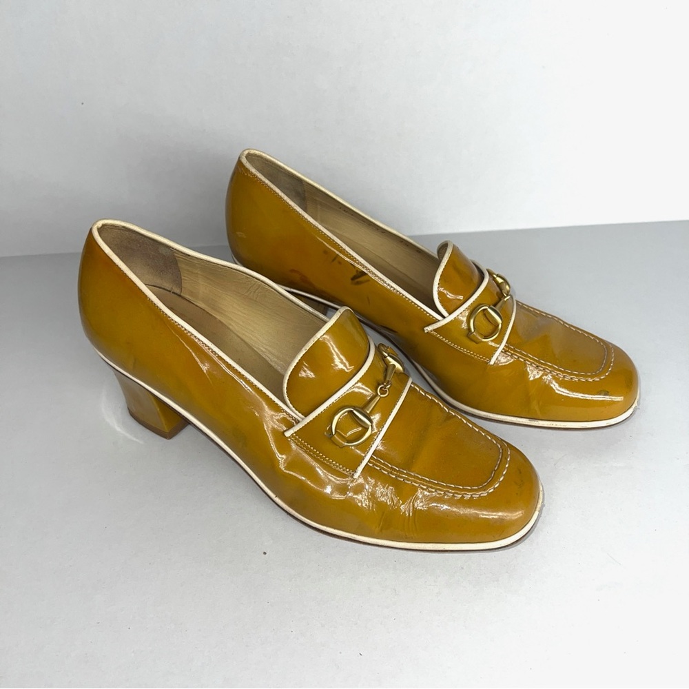 Gucci Mustard Yellow Patent Leather Mid-Heel Loafers - Picture 1 of 7